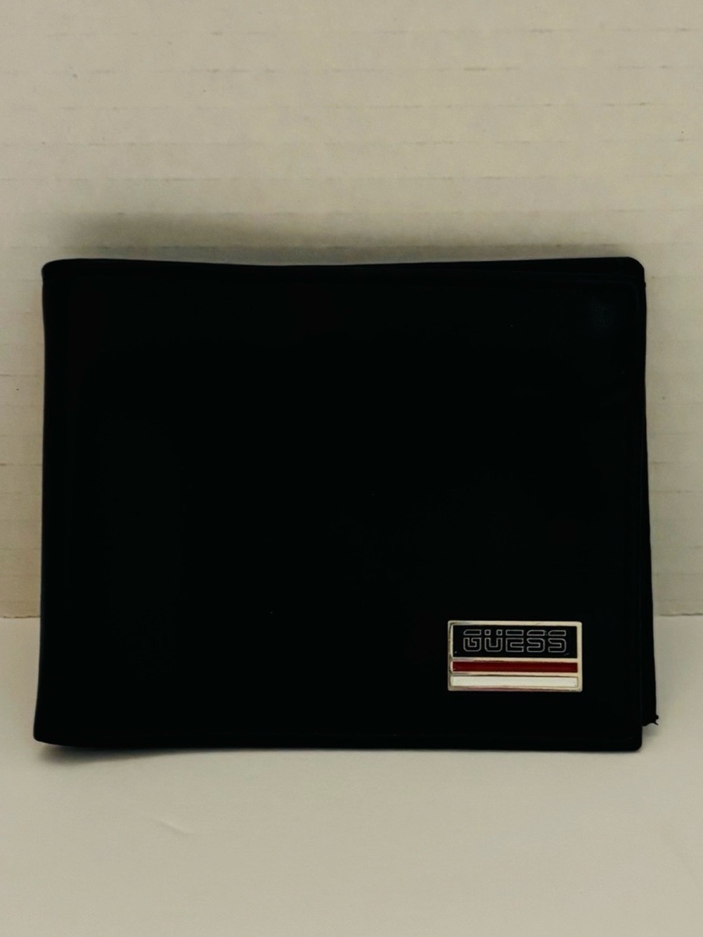 Guess Black Leather Card & Key Holder with Red and White Accent Plaque